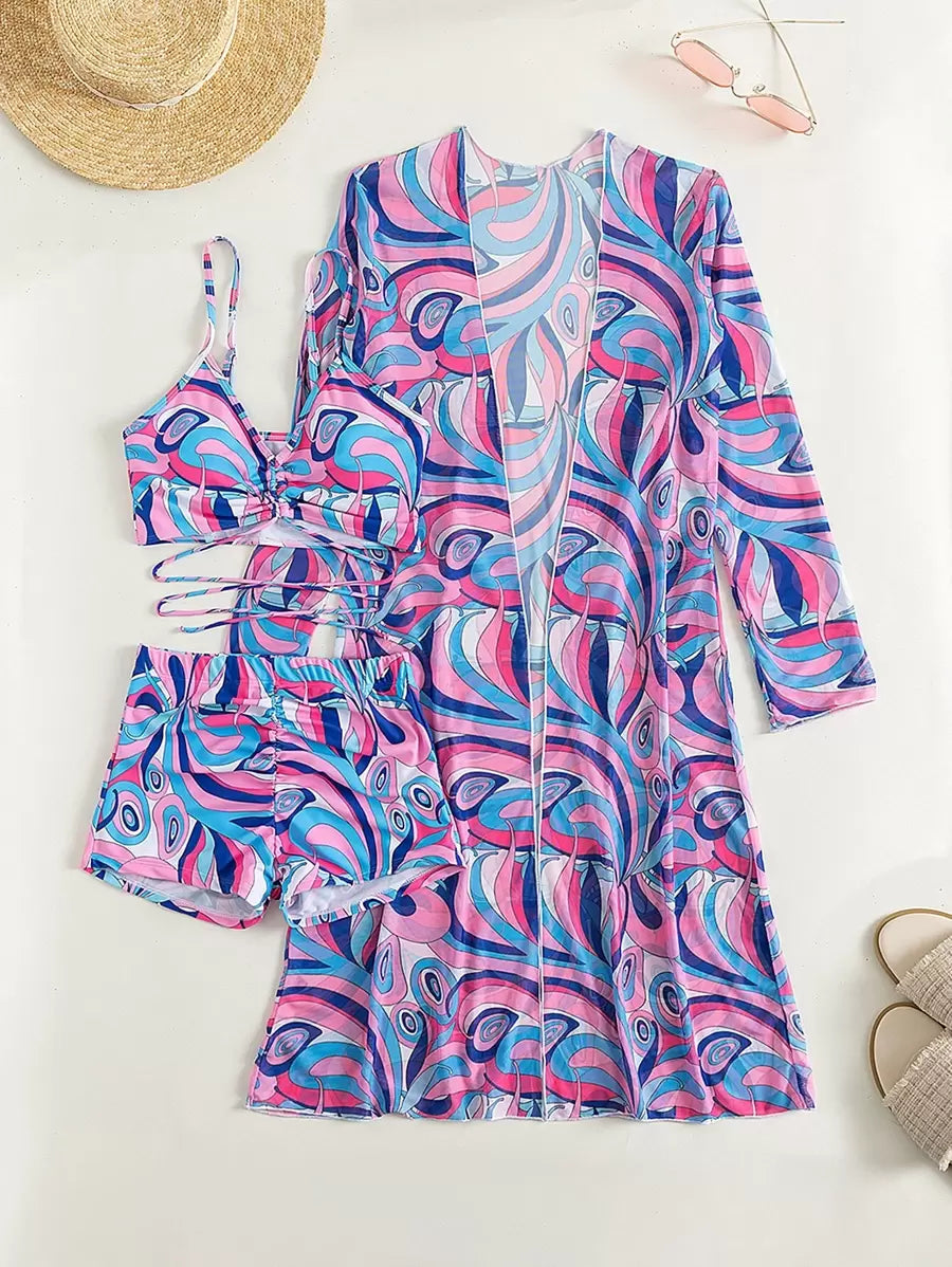 Conjunto Praia Estampado Psicodélico 3 Peças