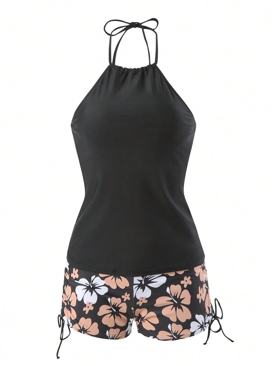 Conjunto Praia com Top Halter e Short Floral