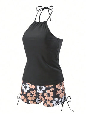 Conjunto Praia com Top Halter e Short Floral