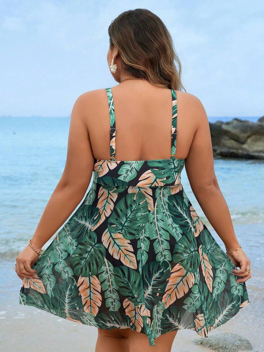 Maiô Saída Integrada Estampa Tropical Plus Size