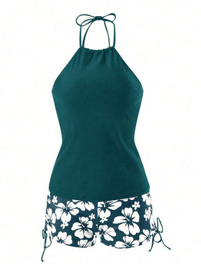 Conjunto Praia com Top Halter e Short Floral