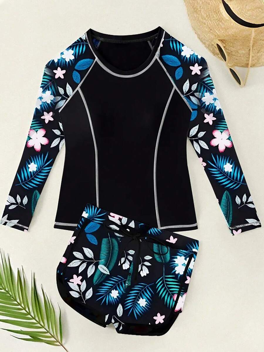 Conjunto Praia Manga Longa com Short Floral